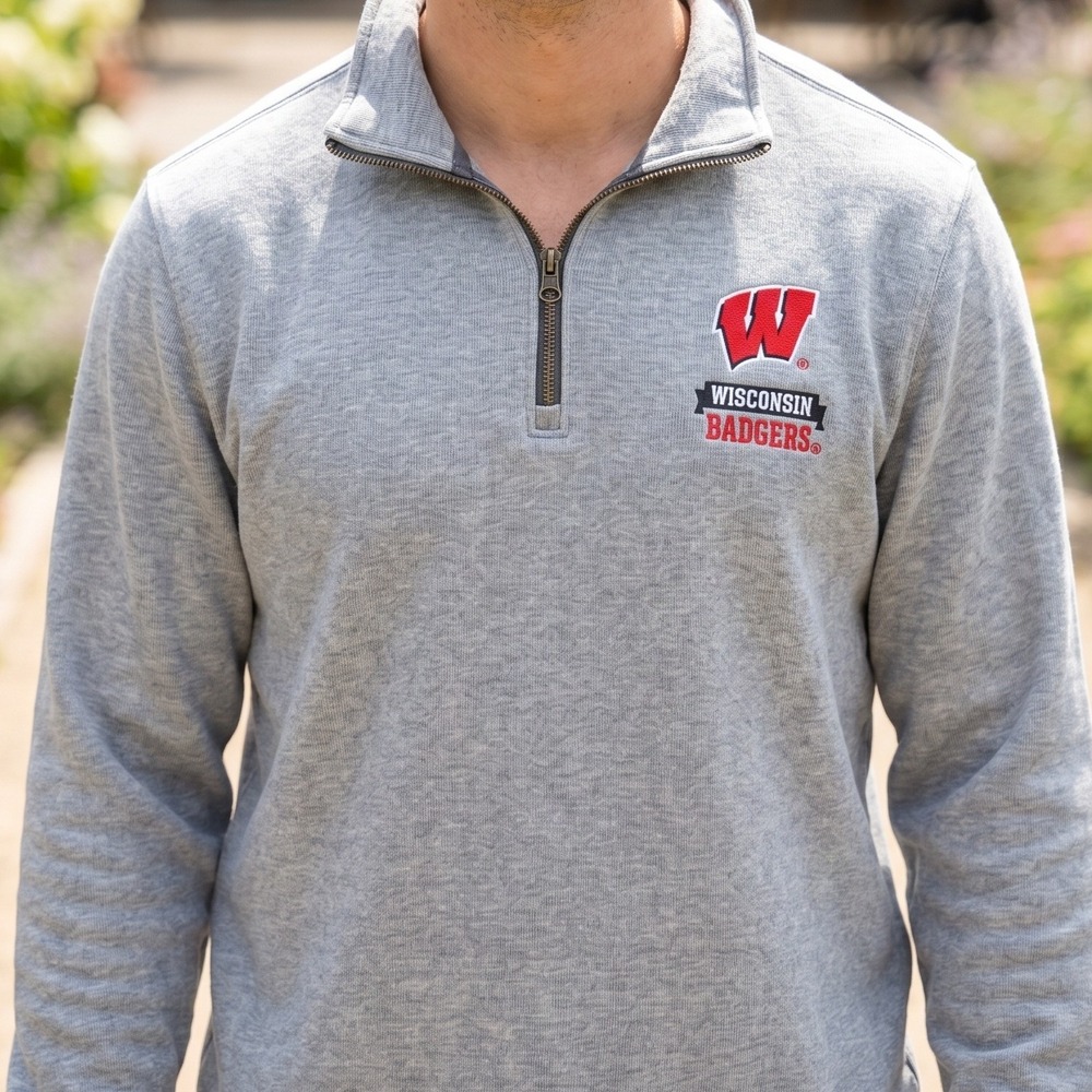 Champion Elite Wisconsin‎ Badgers Mens Quarter Zip Pullover Heather Gray XL